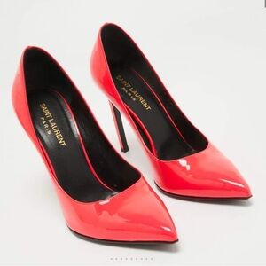 Saint Laurent Glossy Patent Leather Red Orange Heels 40Europe 9.5 US